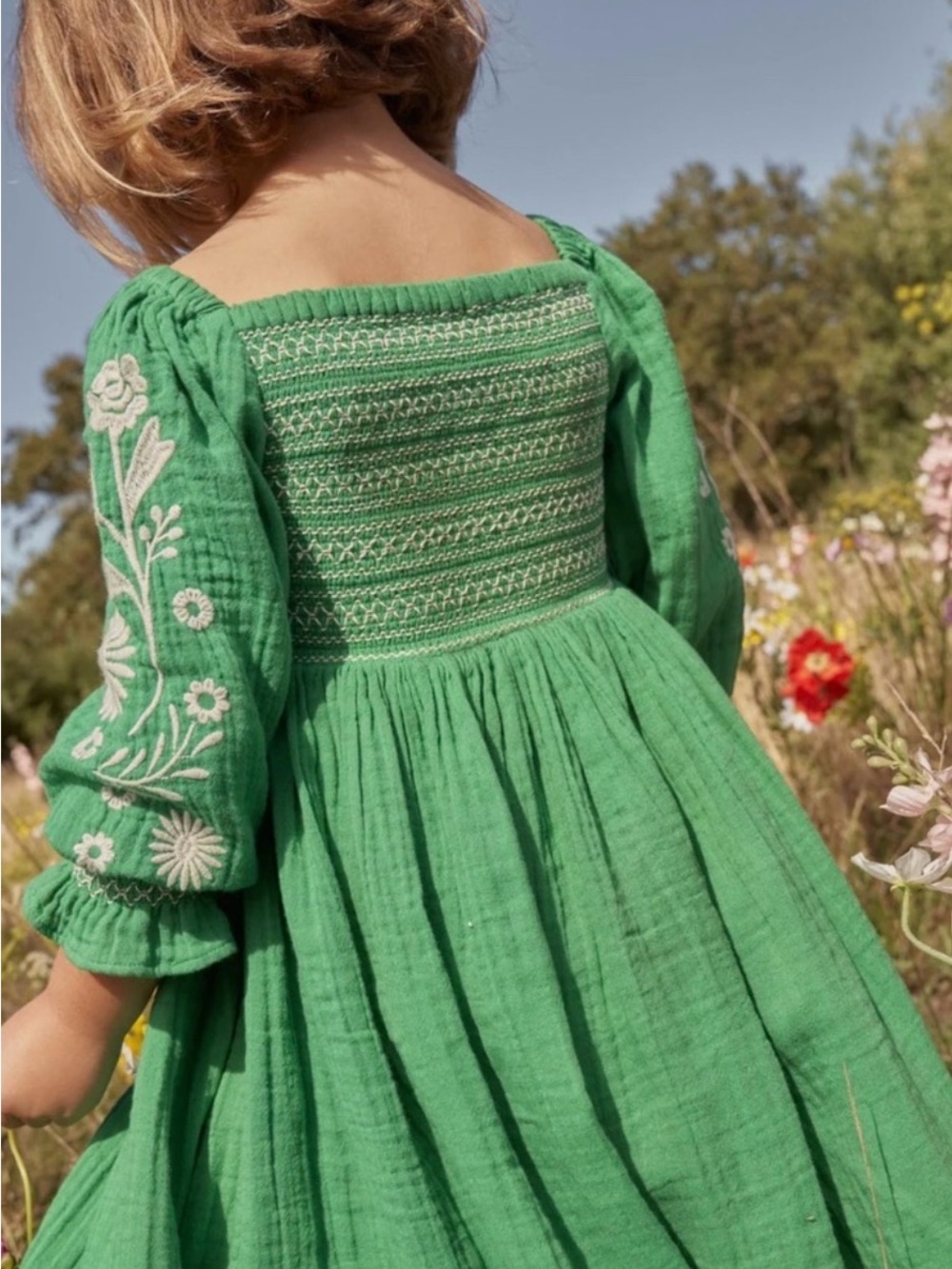 Mini Boden Green Embroidered Square-Neck Dress - Picture 2 of 7